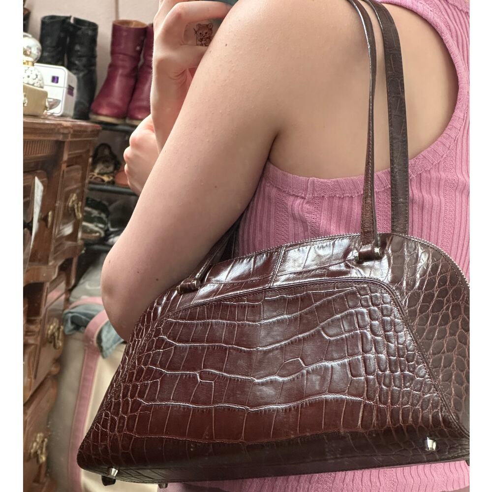 Monsac Brown Genuine Leather Croc Embossed Large Shoulder Bag Purse Zip Closure - Picture 2 of 12